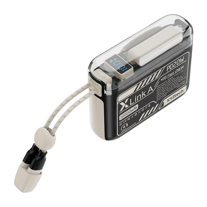 XYZtech X Link A Wireless Power Bank - 10000 mAh - Built-in Dual USB-C and iPh Cables, Compatible with iPhone and Samsung, Cream