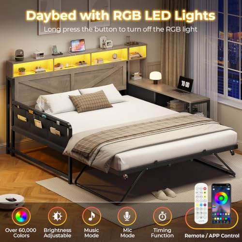 Image of MSmask Daybed with Trundle & 3 Storage Drawers, Full Size DayBed Frame with Headboard & Charging Station, Farmhouse Wooden Bed Frame with LED for Bedroom and Guest Room, Grey