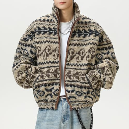 Mens Jacket Ethnic Style Jacquard Fleece Fall Winter Stand Collar Warm Coat - image 3
