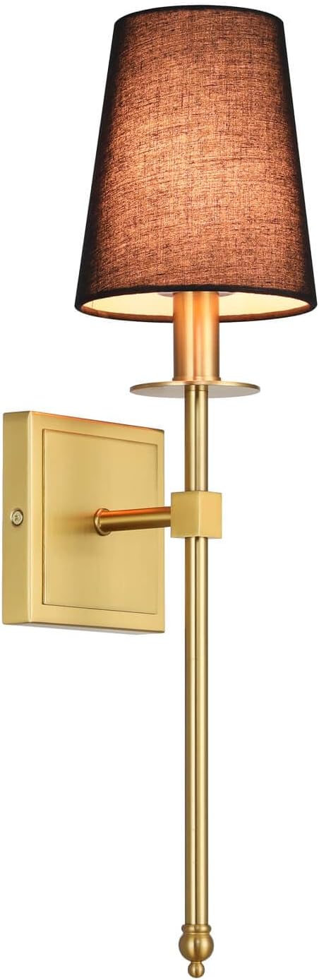 XiNBEi Lighting Wall Sconces Set of 2, Hardwired Brushed Brass Sconce Lighting with Black Fabric Shade Modern Wall Mount Light Fixture for Bathroom Bedroom Living Room Hallway XB-W1307-BS