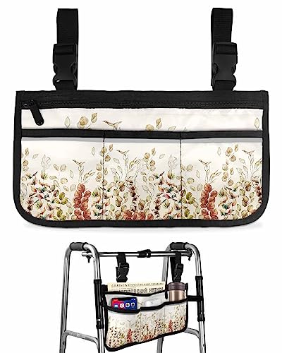 Fall Eucalyptus Leaves Wheelchair Side Bag Walker Bag, Farmhouse Autumn Harvest Botanical Wheelchair Accessories Armrest Pouch, Organizer Storage Bag for Walkers, Rollators, 7.3''x13''