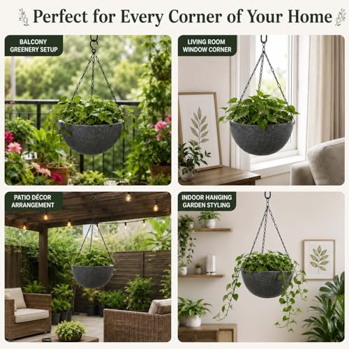Image of Go Hooked Henri Hanging Planter Pot for Indoor & Outdoor Plants Pack of 10 | 7 Inch Plastic Hanging Pots with Metal Chain | Decorative Round Hanging Planter for Balcony, Garden & Home Decor (Grey)