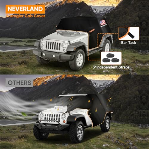 Image of Wrangler Cab Cover for 2007-2026 Jeep Wrangler JK JL 2 Door, NEVERLAND Half Car Cover Waterproof Oxford with Reflective Strip, Sun Snowproof Cab Car Cover Black