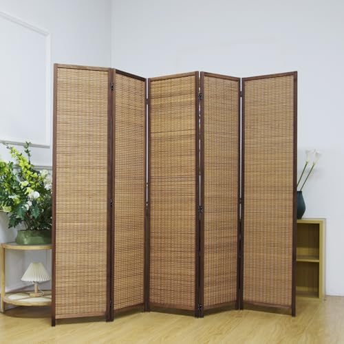 5 Panel Room Divider Screen,5.6 FT Tall Bamboo Room Divider Folding Privacy Screen,Freestanding Room Divider for Room Seperation,Brown