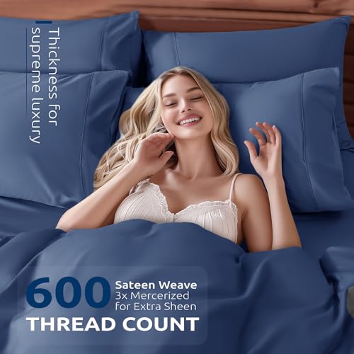Shilucheng 100% Cotton Queen Size Duvet Covers - 600 Thread Count, Luxury Sateen Weave Egyptian Cotton Comforter Cover with Zipper Closure & Corner Ties,Hotel Bedding Duvet Covers 3 Piece (Navy Blue)