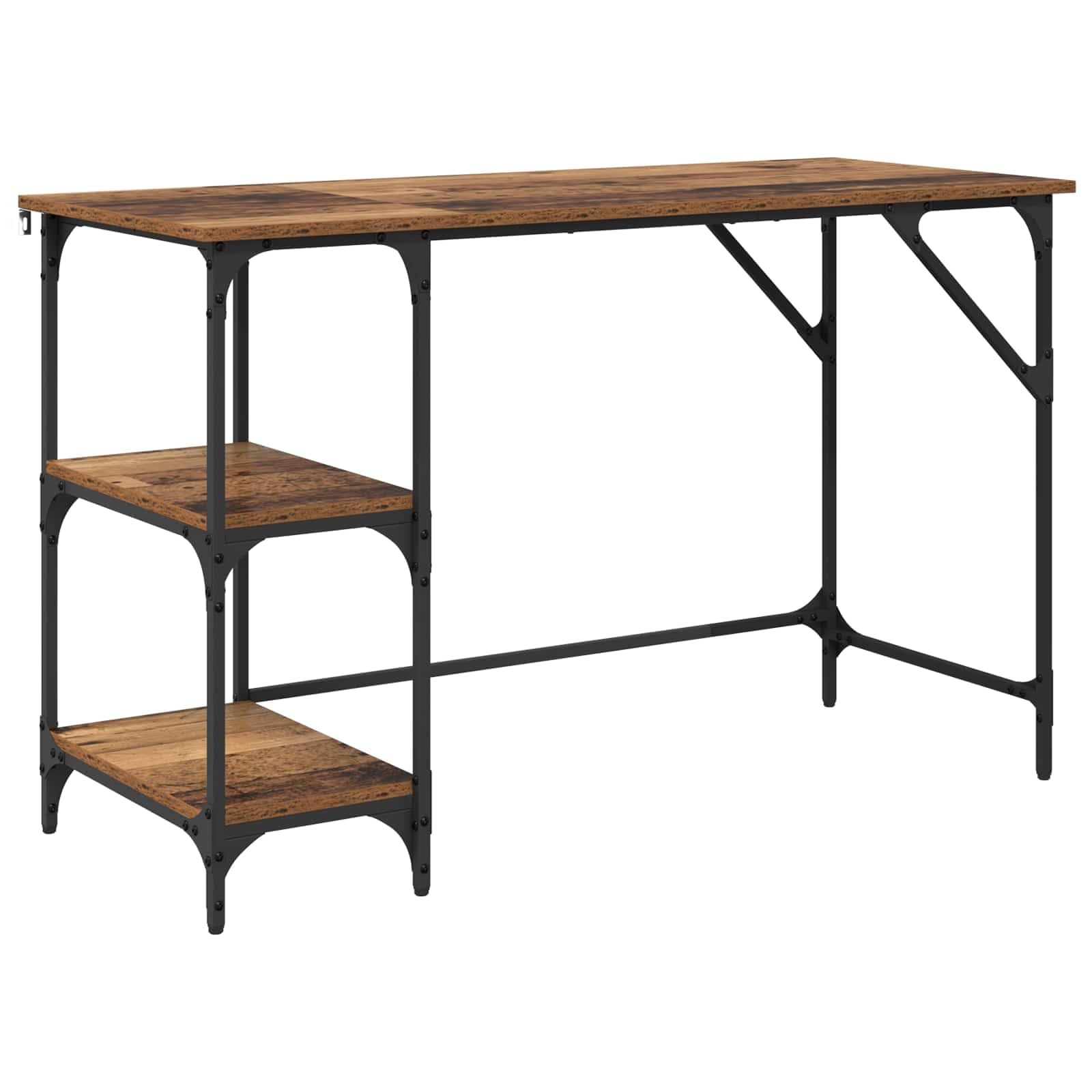 Scrivania Industriale con 3 Ripiani 120x50x75 cm Legno Vecchio | Tavolo da lavoro compatto per studio e casa con robusto telaio metallico e piedini regolabili per la massima stabilità.