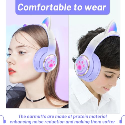 Image of Cat Ear Bluetooth Kids Headphones, LED Lights, Safe Volume, Foldable | Safe 85dB volume limit, Bluetooth 5.0, LED cat ears, built-in mic, TF card slot, foldable & adjustable for ages 3-12