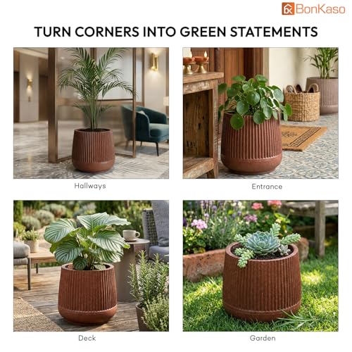 Image of BonKaso 12 Inch Audi Plant Pot for Indoor & Outdoor Use | Heavy Duty Durable Polymer Flower Pot Gamla | Lightweight Modern Planter for Living Room, Balcony, Terrace & Office Decor (Brown)