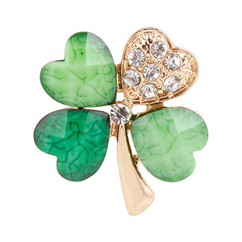 Zentto Irish Shamrock Good Luck Charm Green Four Leaf Shamrock Clover Pin Brooch Lapel or Fabric Pin Rhinestone Lapel Pin