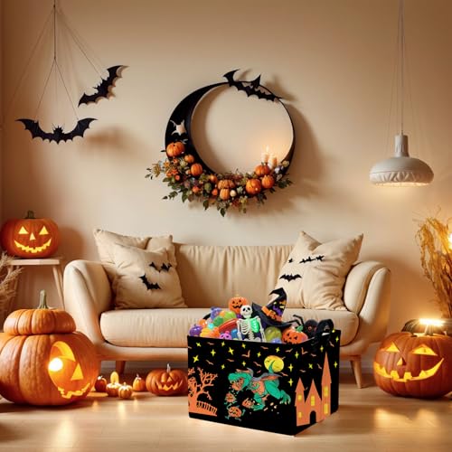 Image of Halloween Basket Gift Cute Pumpkin Ghost Parties Decor Kid Trick or Treat Basket for Boys and Girls Rectangular Storage Bin Box (Dinosaur)
