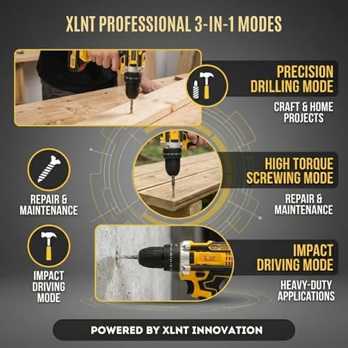 Image of XLNT 21V Cordless Impact Drill Set with 2 Batteries and Fast Charger, 3-in-1 Drill /Screwdriver /Impact Mode, 2-Speed, LED Light,10mm Chuck, Accessories Kit & Carry Case