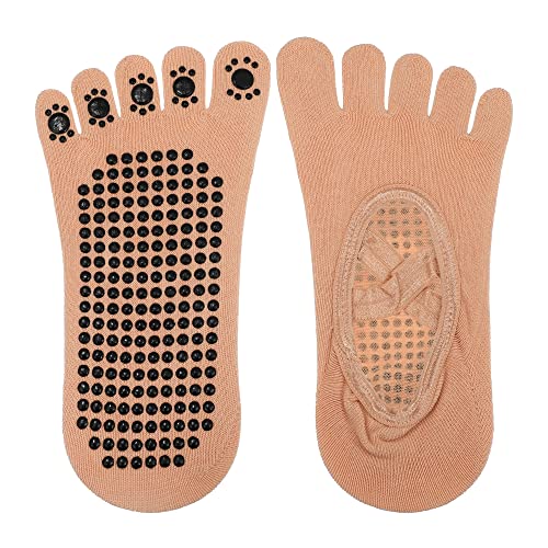 VOCOSTE 2 Pair Yoga Socks Five Toe Socks, Ballet Socks Non Slip with Grips for Women, Beige4