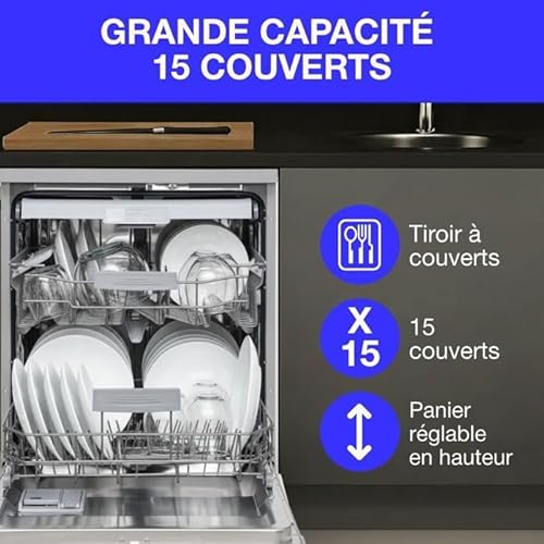 Lave-vaisselle pose libre CONTINENTAL EDISON - 15 couverts - Largeur 59,8 cm - Classe D - moteur induction - 39 dB - Silver