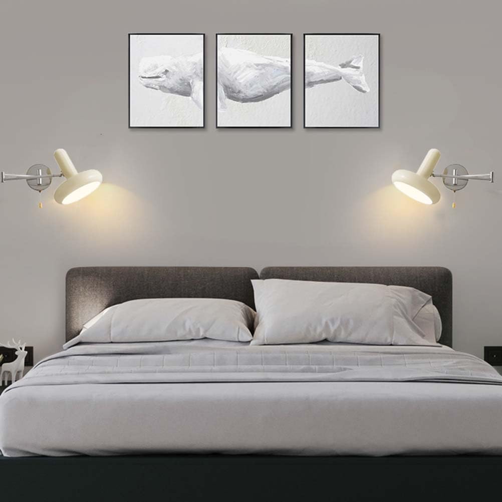Langer Arm Drehung Wandleuchte mit Schalter Verstellbar Schwenkarm Wandlampe Moderne E27 Metall Nachttischlampe Wandbeleuchtung Weiß+Silber für Schlafzimmer Wohnzimmer（mit Leuchtmittel）