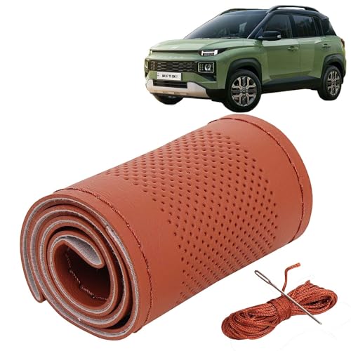 Image of KINGSWAY PU Leatherite Car Steering Cover Sewable Compatible with Hyundai Exter (Year 2023 Onwards), Tan Color with Tan Thread, Pack of 1 with Sewing Needle and Thread