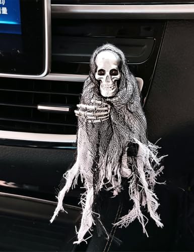 Image of Skull Car Air Vent Clip Decoration Gothic Skeleton Car Accessories - Black | Halloween grim reaper skeleton car vent clip, spooky skeleton figure charm, horror dark style car air outlet gift for driver