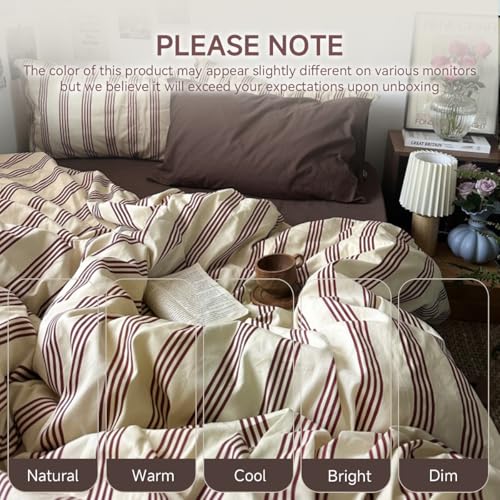Image of Duvet Cover Set Full Size,Brown White Striped Patterned Bedding Set for Girls Boys,Modern Soft Breathable Microfiber Comforter Cover 3 Pieces with Zipper Closure and 2 Pillow Shams