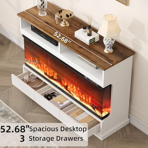 4 EVER WINNER Fireplace TV Stand with 50" Electric Fireplace, Fireplace Entertainment Center with 3-Side Glass Insert, 3 Drawers, TV Stands for Living Room, White - Thumbnail 3