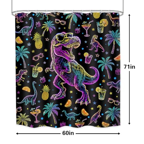 Image of Neon Dinosaur Shower Curtain Bathroom Set 60Wx71H Inches Cool Kids Boys Cartoon Summer Hawaii Funny Dino Colorful Plam Tree Bath Accessories Interesting Art Home Decor Fabric 12 Pack Hooks