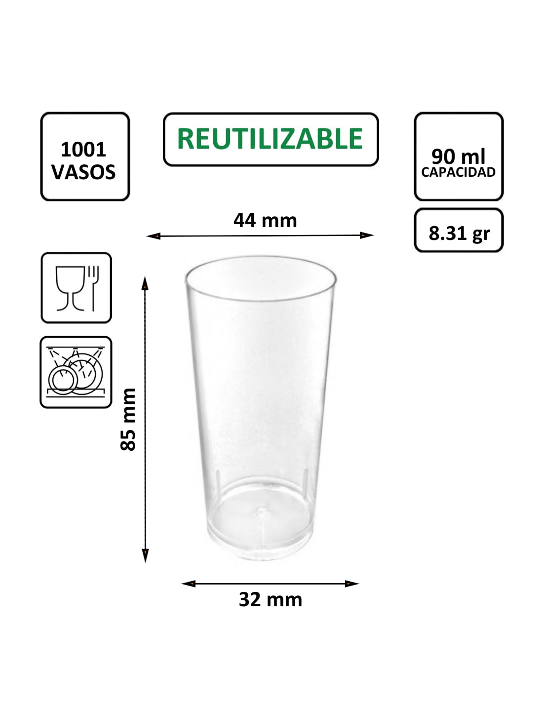 1001 uds - Vaso Catavinos 90 ml - Plástico cristalino (PS) - Color Transparente - Ideal para vino, degustaciones, cava