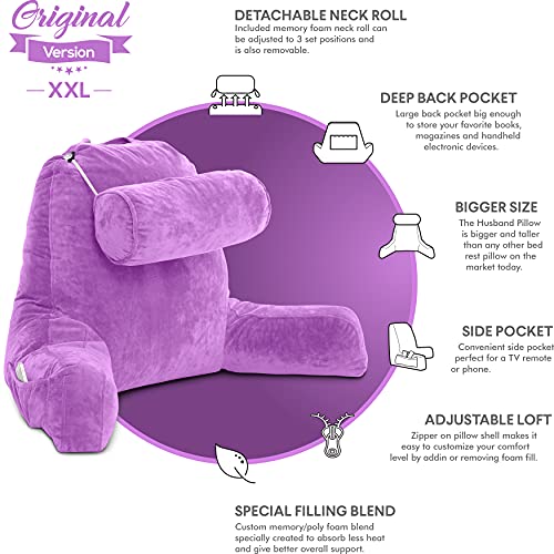 Image of Husband Pillow XXL The Original for Adults - 30 inch Tall Backrest for Sitting Up in Bed - Firm Support Reading, Bed Rest Pillow for Adults, Neck Roll, Removable Cover - TV - Light Purple