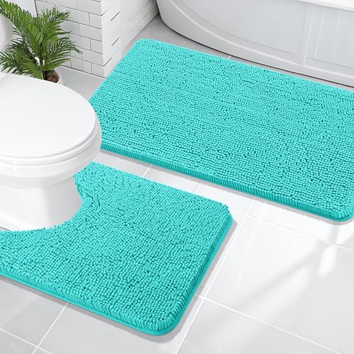Image of OLANLY Bathroom Rugs Sets 2 Piece, Soft Absorbent Chenille Bath Mats and U-Shaped Contour Toilet Mat Area Rug Set, Machine Washable Bath Carpet, Home Decor Accessories(47 inchx20 inch+24 inchx20 inch, Teal)