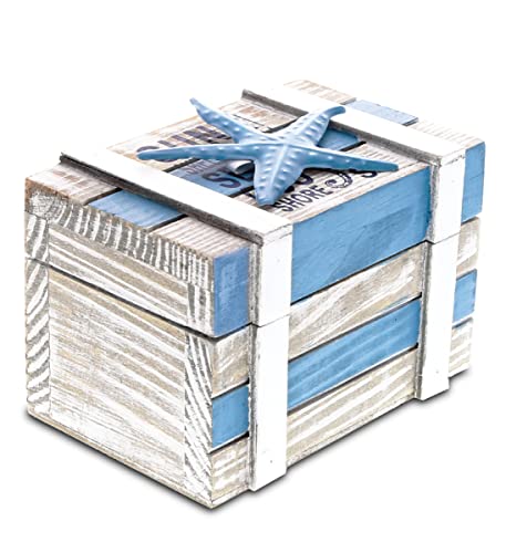 CoTa Global Sky Wooden Jewelry Box - Handcrafted Nautical Trinket with Starfish Decorations in White and Blue, Accent Tabletop Home Decor, Beach Starfish Jewelry Storage Organizer - 4.45 Inches