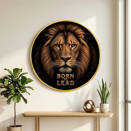 Image of SAF Lion Born to Lead Round Wall Painting with Premium PVC Golden Frame, Motivational Wildlife King Art for Living Room Office Bedroom Home Decor Gift (12 x 12 Inch) GRS-458