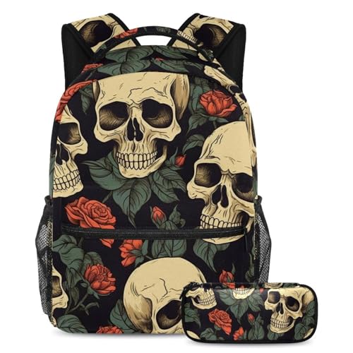 Cartable tête de mort rose 50 sac à dos enfant et trousse vintage large