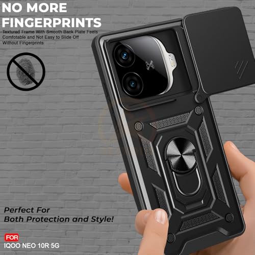 Image of Armor Bumper Back Cover Case for iQOO Neo 10R 5G Rotating Camera Cover, Ring Holder & Kickstand | Heavy Duty & 360 Degree Protection iQOO Neo 10R 5G Back Cover (Black)