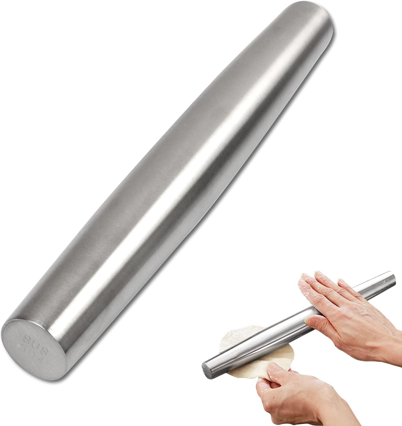 KUFUNG Professional French Rolling Pin for Baking Top-Grade Stainless Steel, Light Weight, Easy to Roll Design | Metal Rolling Pin & Fondant Rolling Pin for Pie Crust, Cookie, Pizza Dough (S, Silver)