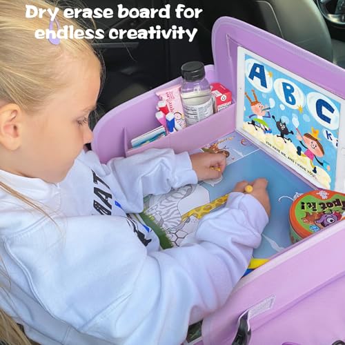 Image of MENZOKE Kids Travel Tray for Car Seat, Road Trip Essentials Kids Lap Tray | Toddler Gift for Girl Activities with Dry Erase Board, No-Drop iPad Holder Stand, Cup Holder & Adjustable Strap, Purple