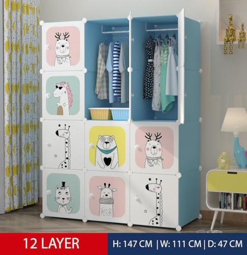 Image of Plastic Wardrobe for Kids Clothes - Durable, Easy to Use Anti-Skid & Non-Slip Effective Professional Collapsible Wardrobe, Plastic Cupboard for Kids, Foldable Almirah (Blue-KTH3,12-Door)