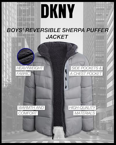 DKNY Boys' Puffer Jacket - Full Zip Up Hooded Reversible Puffer to Sherpa Winter Jacket - Heavyweight Jackets for Boys (8-20)2