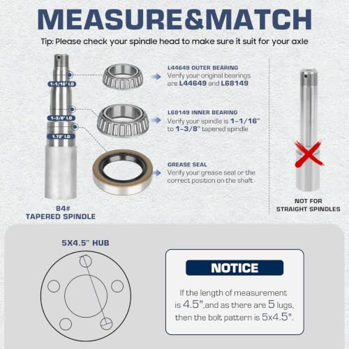 Image of Trailer Idler Hub Kit, 5 lug, 4.5 inch Bolt Idler Hub for 3500lb Trailer, Boat Trailer Hubs 5 Lug,Suit 1-1 /16 inch to 1-3 /8 inch Spindle , Trailer Wheel Hub Assembly (Set-2, Only Fit for Tapered Spindle)