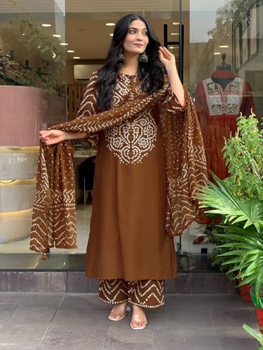 Image of GoSriKi Kurta Sets for Women Rayon Viscose Bandhani Printed | Kurti Set for Woman | Kurta Pant Dupatta Set | Straight Kurti | Round Neck 3 /4 Sleeve Suit Set for Women Stylish Ethnic Outfit