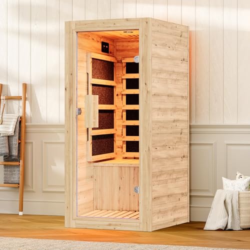 Albott Infrared Sauna 1 Person, Infrared Saunas for Home, 746W/110V Spruce Wood Dry Sauna with Foot Warmer, Easy Assembly – Compact Indoor Spa, 149℉ Fast Heating, LED Light, 27.2"x31.8"x60.2" - Thumbnail 2