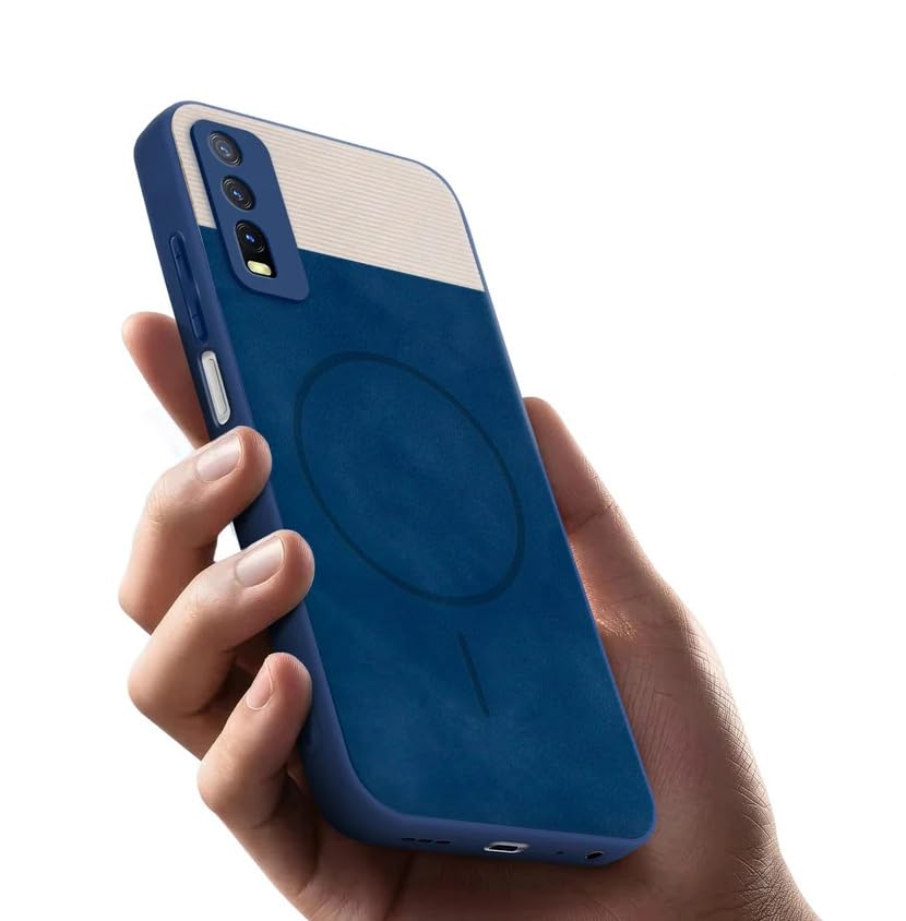 Image of Bintage CASE Dual-Leather Mac Safe Design Phone Case| Soft Touch Finish | Full Camera Protectection Back Cover Compatible for Vivo V2038 /Vivo Y20s / Y20A - White & Royal Blue