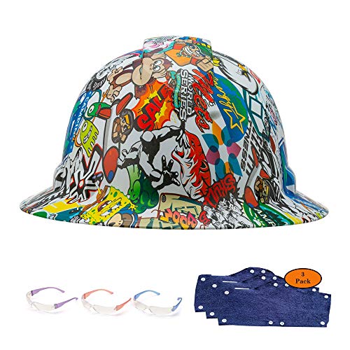 Full Brim Hard Hat, Animated Cartoons Design Safety Helmet 6pt + 3pk Blue Hard Hat Sweatband + 3 Pairs Safety Glasses, by AcerPal