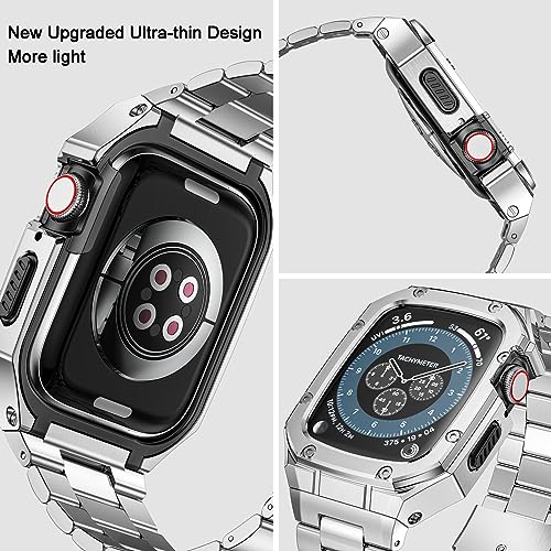 Image of BAITEYOU Stainless Steel Watch Band with Case Compatible with Apple Watch Series 11 10 46mm, Rugged Strap with Metal Protective Bumper Cover for iWatch Bands Men (Silver)