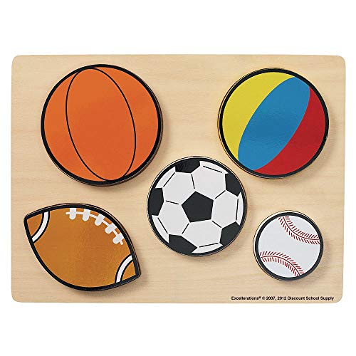 Excellerations Sport Balls Chunky Puzzle with Chunky Wooden Pieces, 5-Piece Puzzle, Toddler, Preschool, Educational Toys and Gift
