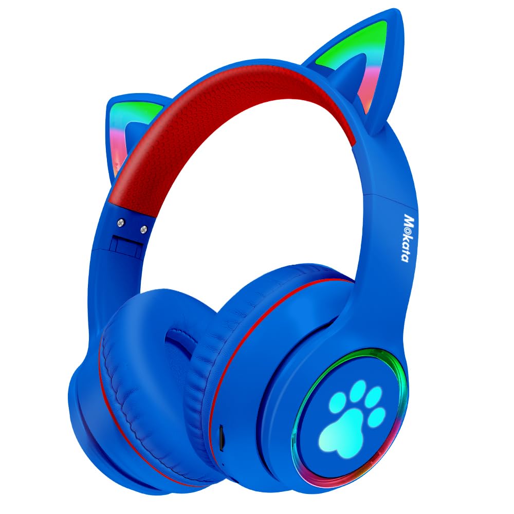 Mokata Headphones Cat Ear Wireless Bluetooth 5.3 60H Over Ear, 8H with Led Light Foldable Music Gaming Headset with Aux 3.5mm Mic for Game TV Pad Tablet Laptop Cellphone Blue