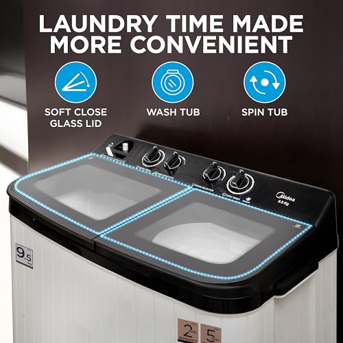 Image of Midea 9.5 Kg 5 Star Toughened Glass Semi Automatic Top Load Washing Machine Black White (MWMSA095GPG(KW) Rust proof Body with 1300 RPM)
