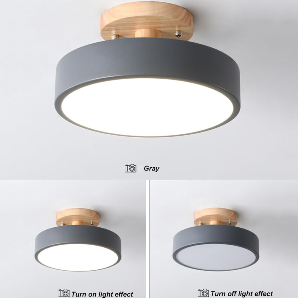 Lampa sufitowa LED z 1 światłem, możliwość ściemniania, 23 cm (9 cali), nowoczesny styl, drewniana 12 W, szara, do salonu, sypialni, kuchni, kuchni, regulowanej temperatury.