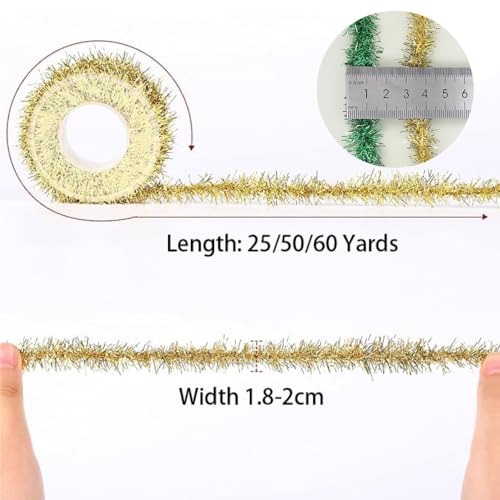 25 Yard Christmas Tinsel Ribbon, Yellow Metallic Thin Garland, Mini Glitter Gift Ribbon - Image 2