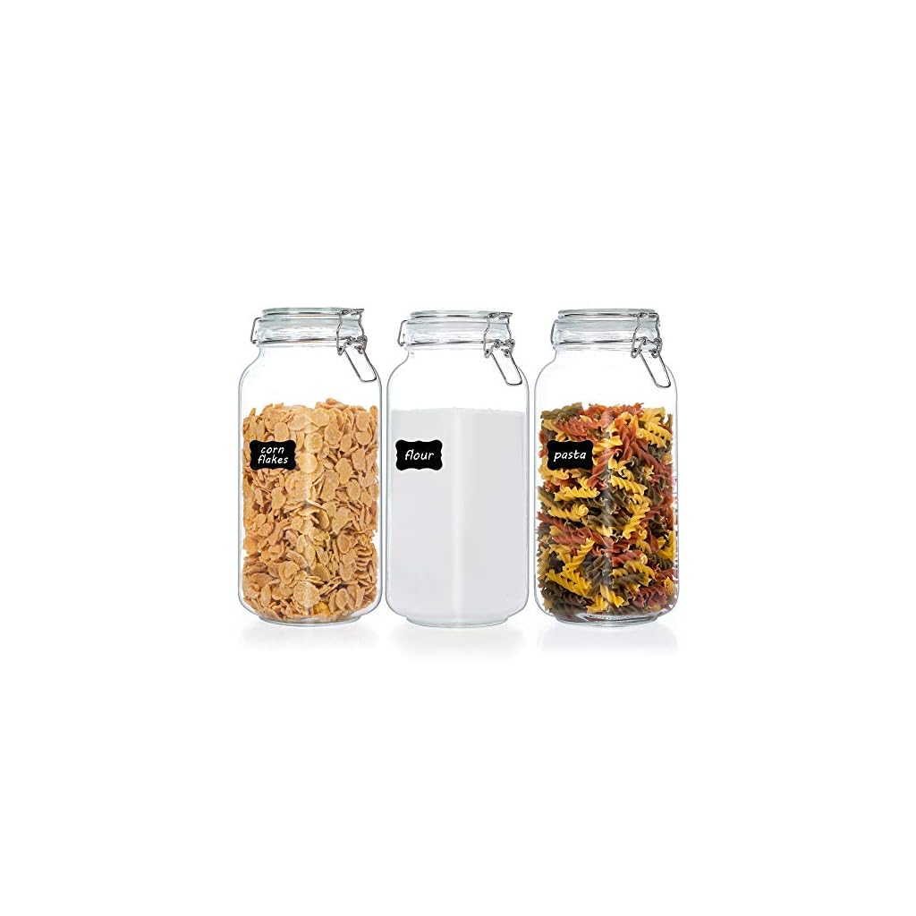 Vtopmart-78oz-Glass-Food-Storage-Jars-with-Airtight-Clamp-Lids-3-Pack-Large-Kitchen-Canisters-for-Flour-Cereal-Coffee-Pasta-and-Canning-Square-Mason-Jars-with-8-Chalkboard-Labels