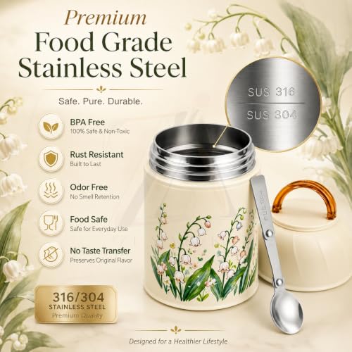Image of Insulated Stainless Steel 1060ml Lunch Box with 350ml Tumbler | Leakproof Hot Cold Food Container | BPA-Free Cute Tiffin Box for Kids, School, Office, Travel, Picnic (Lily of the Valley Floral)