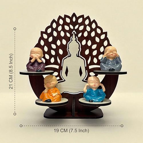 Image of P Arts Buddha Monk Under Tree Showpiece Set of 4 for Home Decor | Monk Tree Statue with Wooden Stand | Meditation Buddha Figurines | Spiritual Gift & Office Table Decor