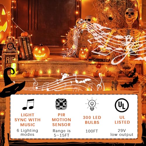 Dotwayaw SS150/3F 300Led Orange Halloween Lights Motion Sensor 100Ft String Light With Spooky Sounds, Outdoor Ip54 Waterproof Connectable Halloween Decor Tree Lights thumb #5