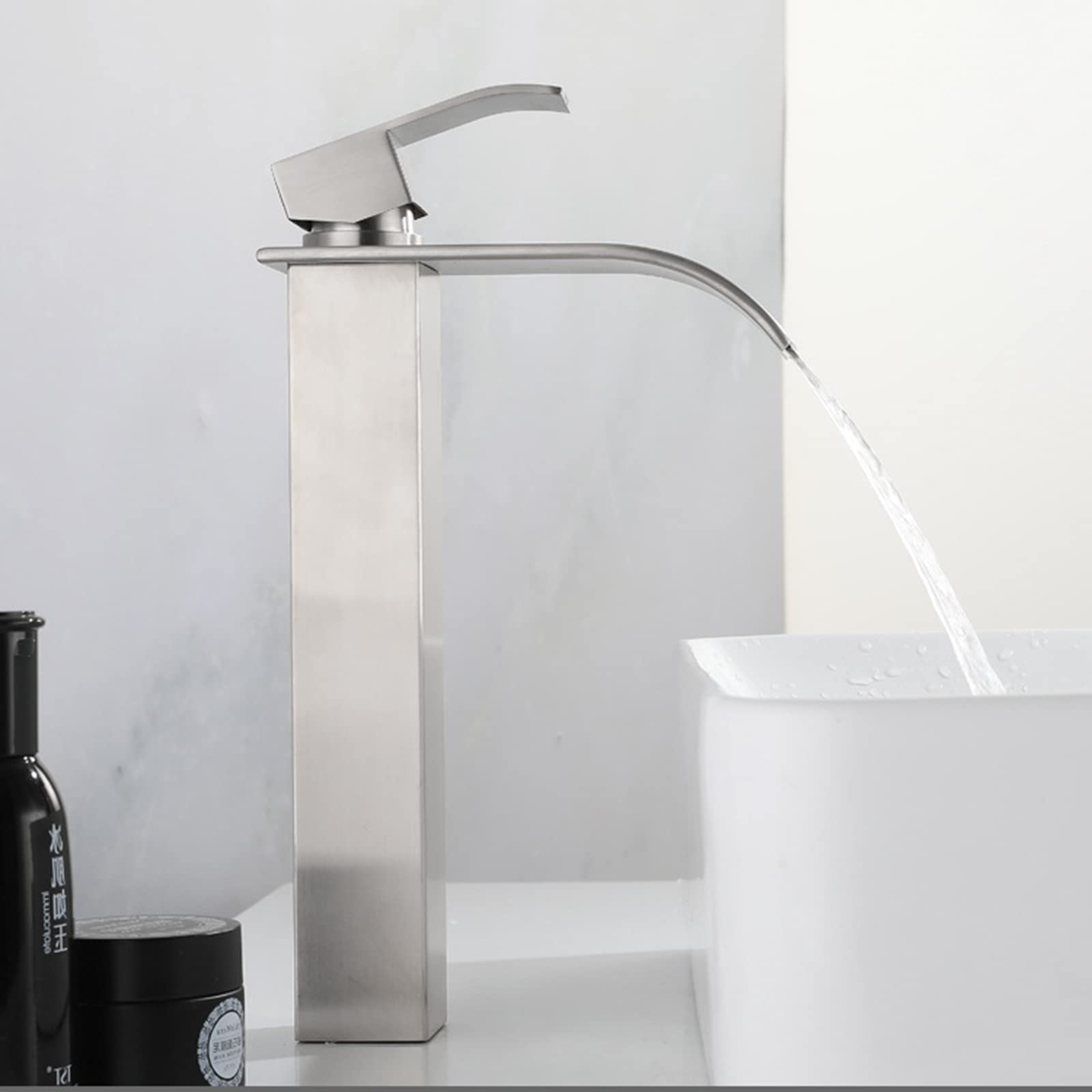 Wysoka bateria umywalkowa z mieszaczem, jednouchwytowa, wodospad, krany wodospadowe do umywalek łazienkowych, krany ze stali nierdzewnej do zlewów z ciepłą i zimną wodą, rysunek